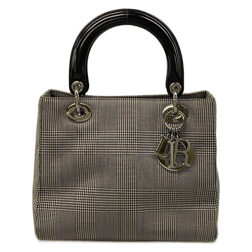 Dior Handbag Lady Bag Black Ivory Houndstooth Plaid Leather