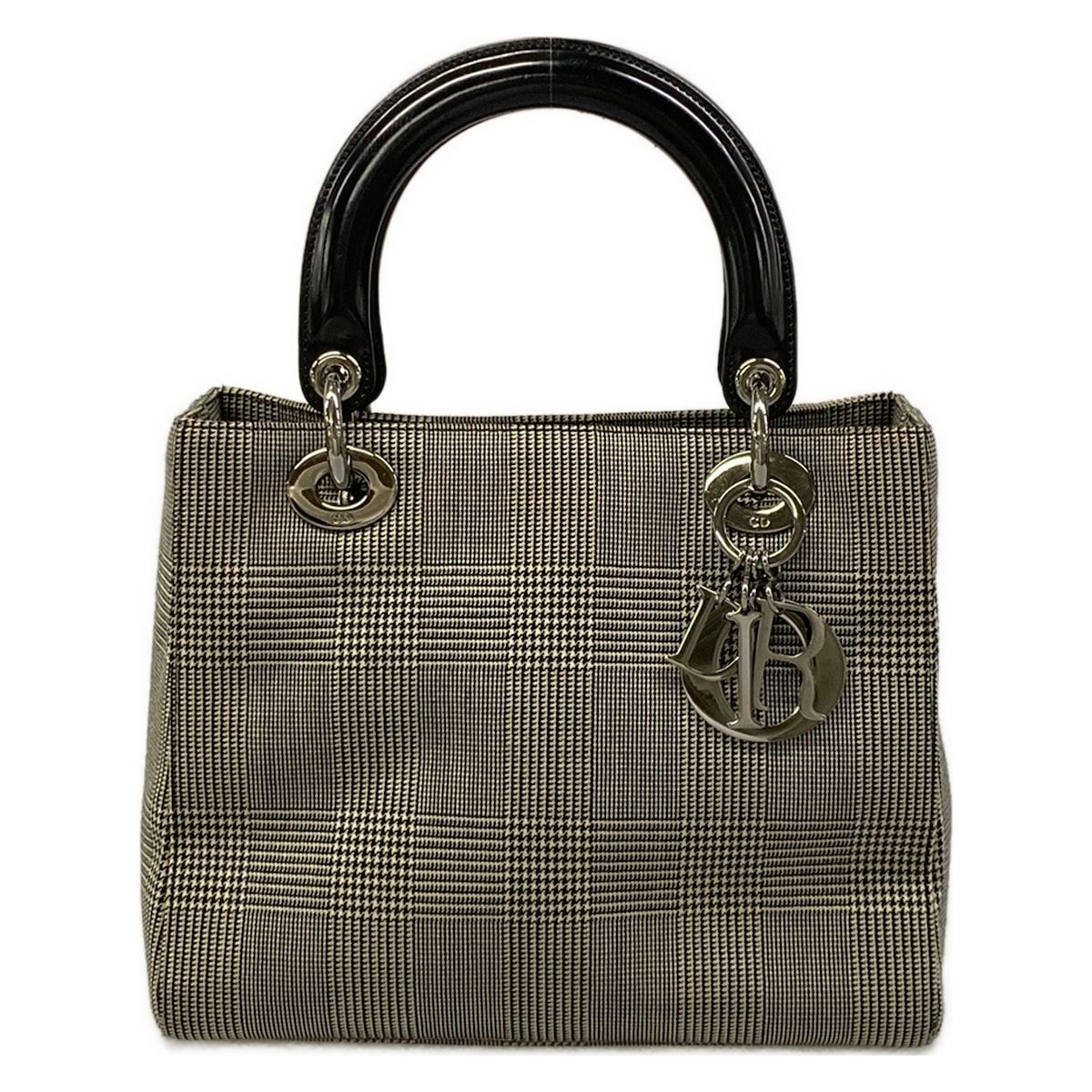 Dior Handbag Lady Bag Black Ivory Houndstooth Plaid Leather