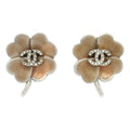 Chanel Earrings Silver Beige Clear CC Logo Clover