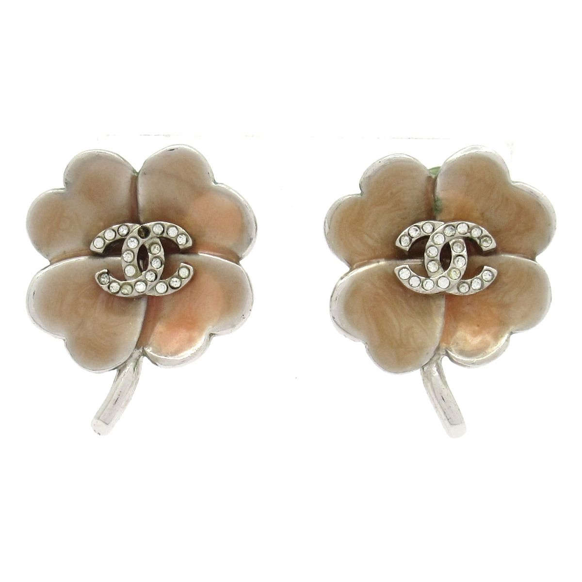 Chanel Earrings Silver Beige Clear CC Logo Clover