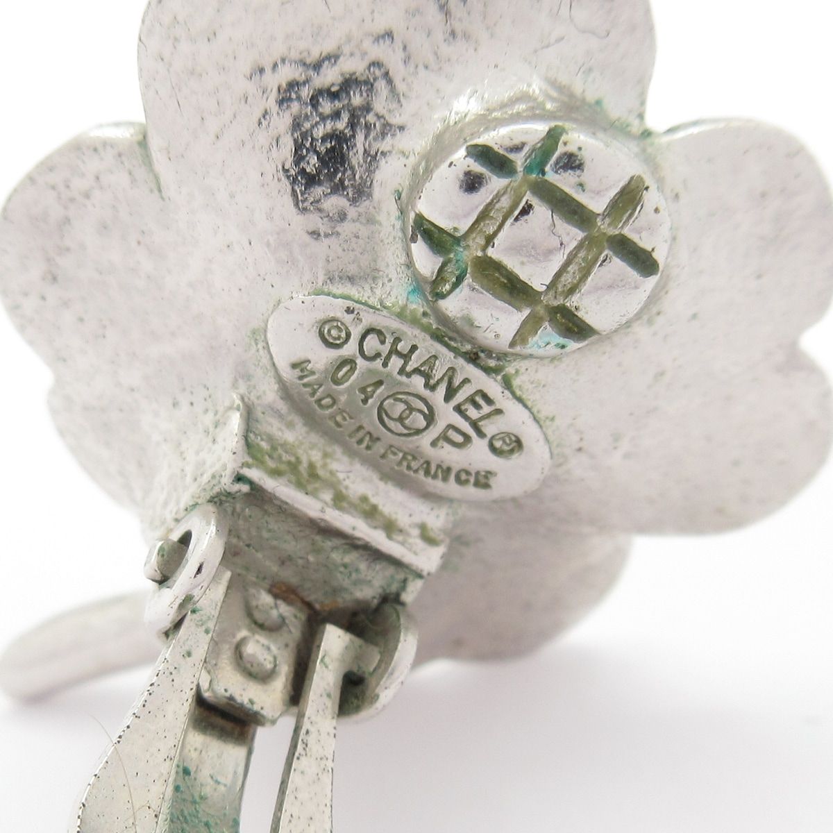 Chanel Earrings Silver Beige Clear CC Logo Clover — view 5