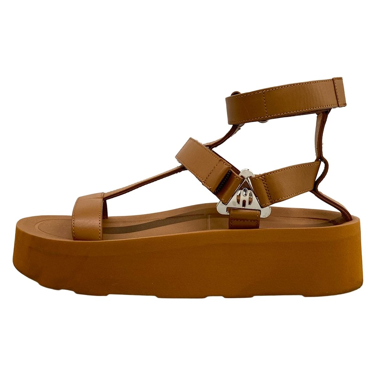 Hermes Sandals 37 Enid Brown Platform Velcro Diamant Buckle Silver Leather