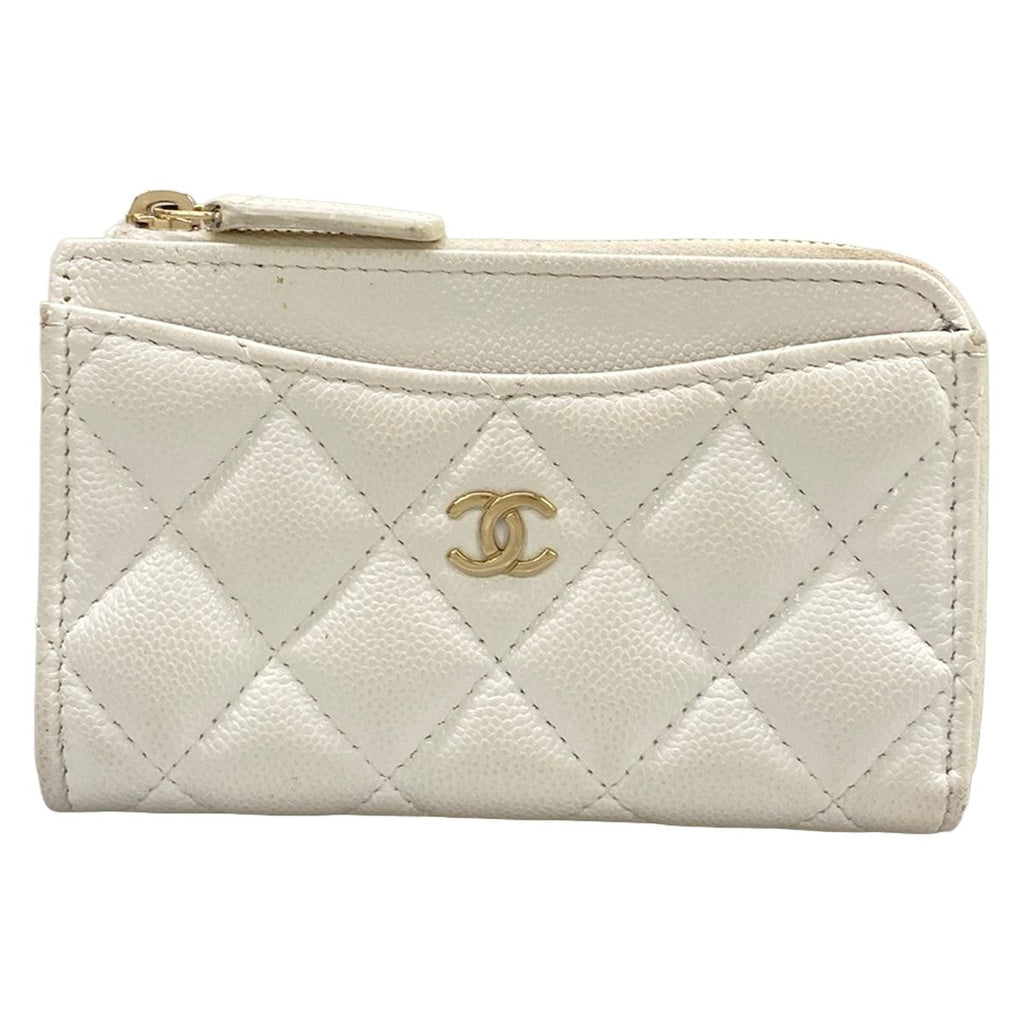 Chanel Coin Case Classic Zip Card Quilted White L-shaped Zipper with Gold CC