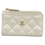 Chanel Coin Case Classic Zip Card Quilted White L-shaped Zipper with Gold CC