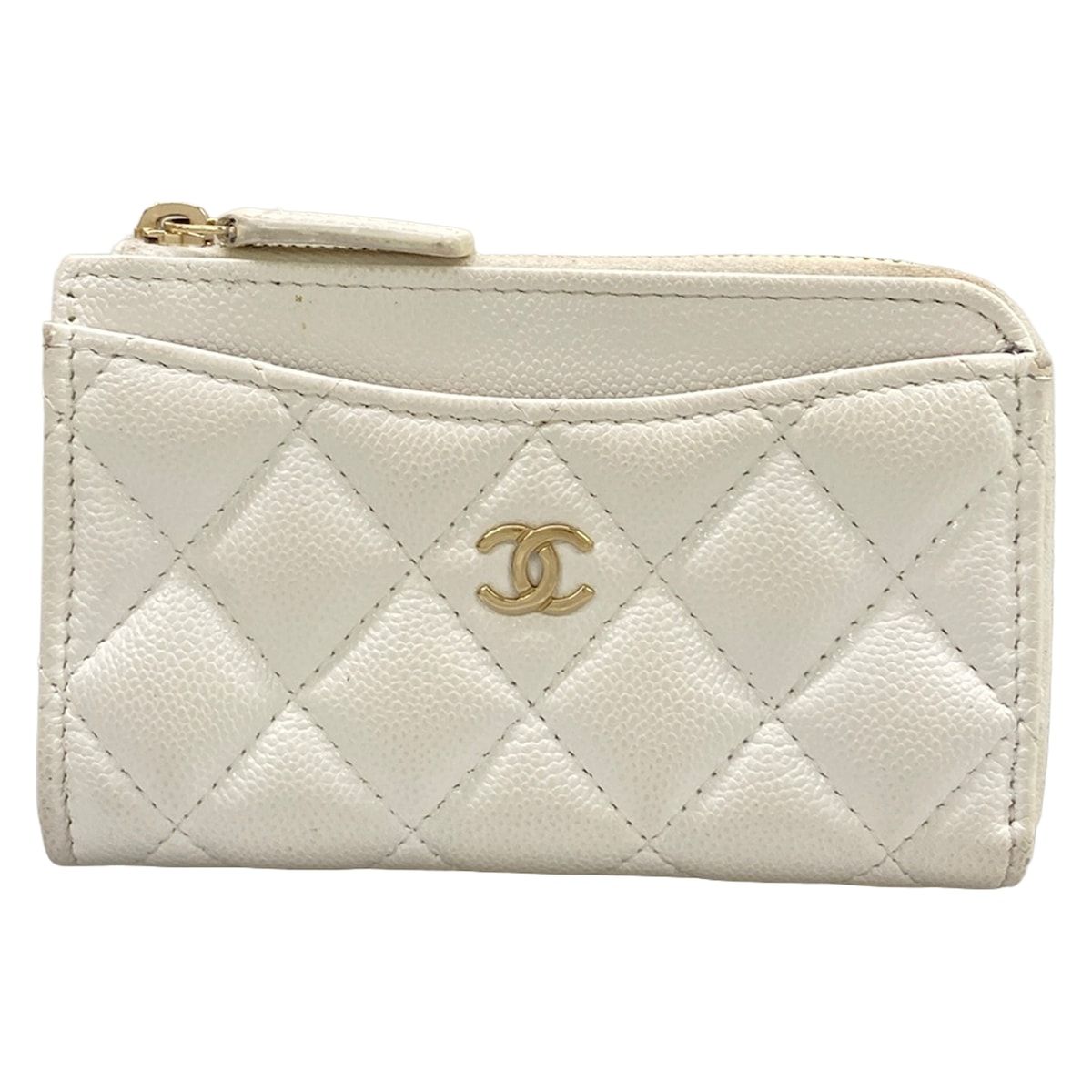 Chanel Coin Case Classic Zip Card Quilted White L-shaped Zipper with Gold CC