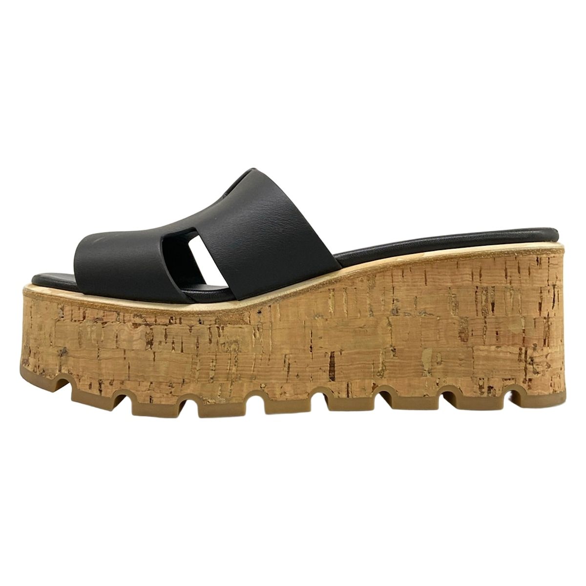 Hermes Mules 37 Eze Black Beige Wedge Sole Leather