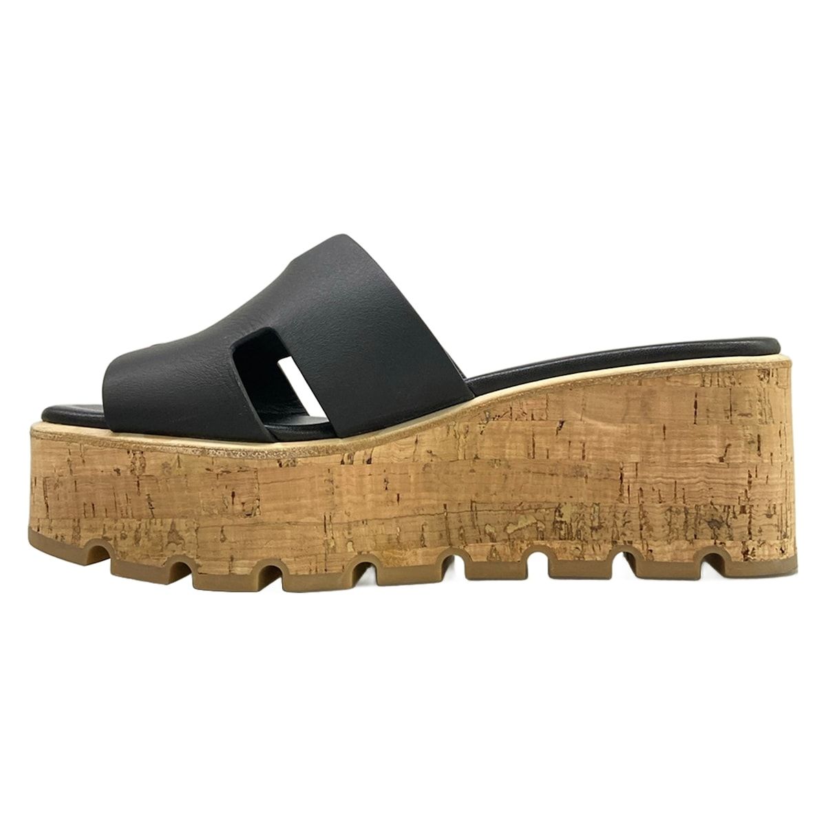 Hermes Mules 37 Eze Black Beige Wedge Sole Leather — view 3