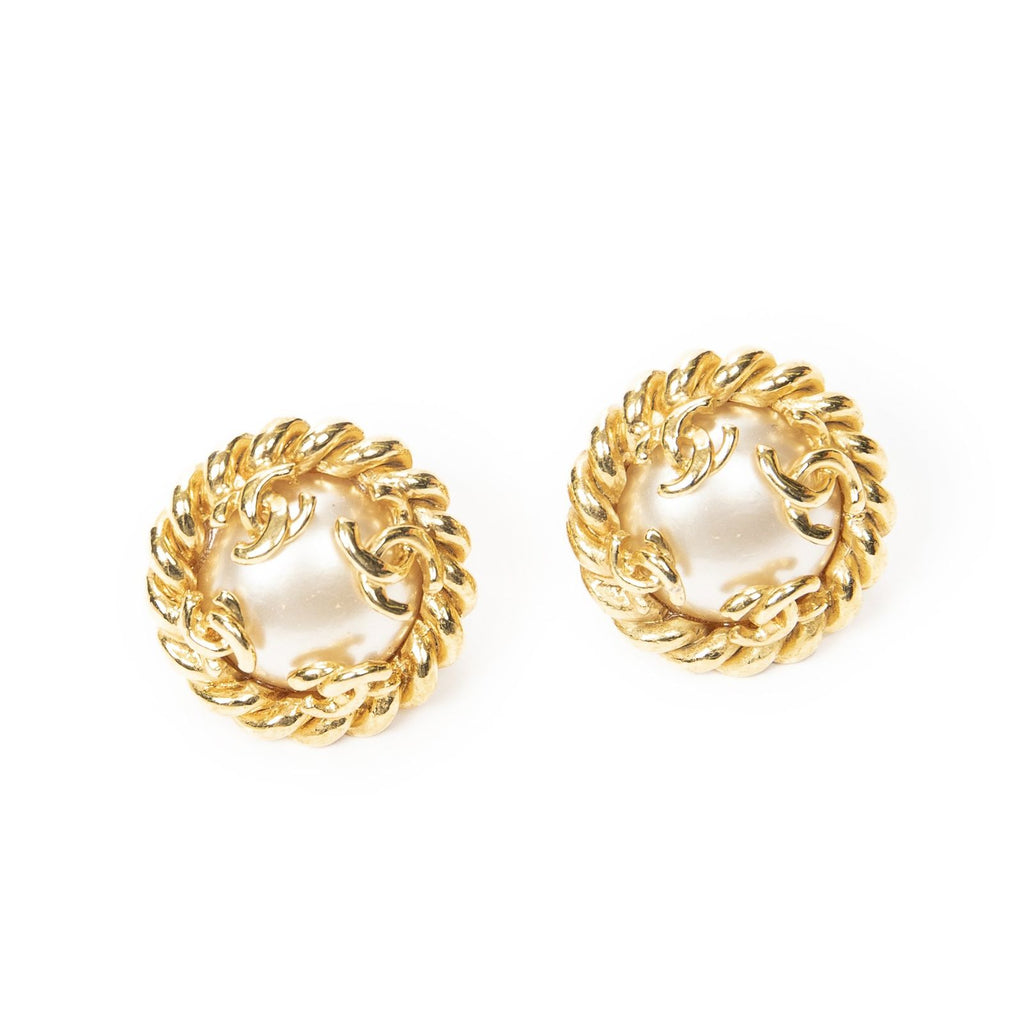 Chanel CC Faux Pearl Round Clip on Earrings Gold Plated