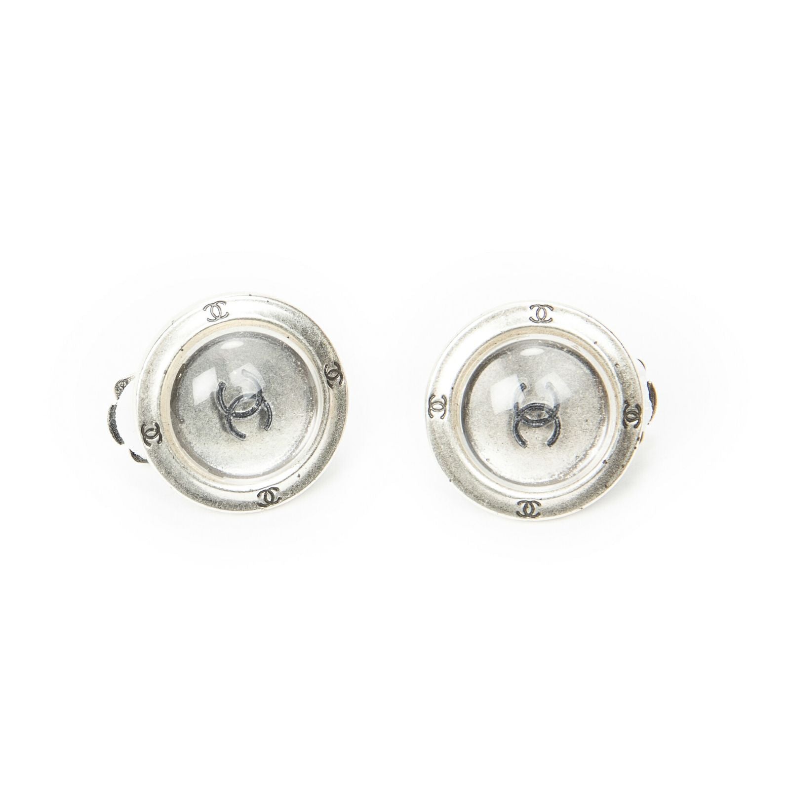 Chanel CC Logo Round Clip Type Earrings Silver Plated