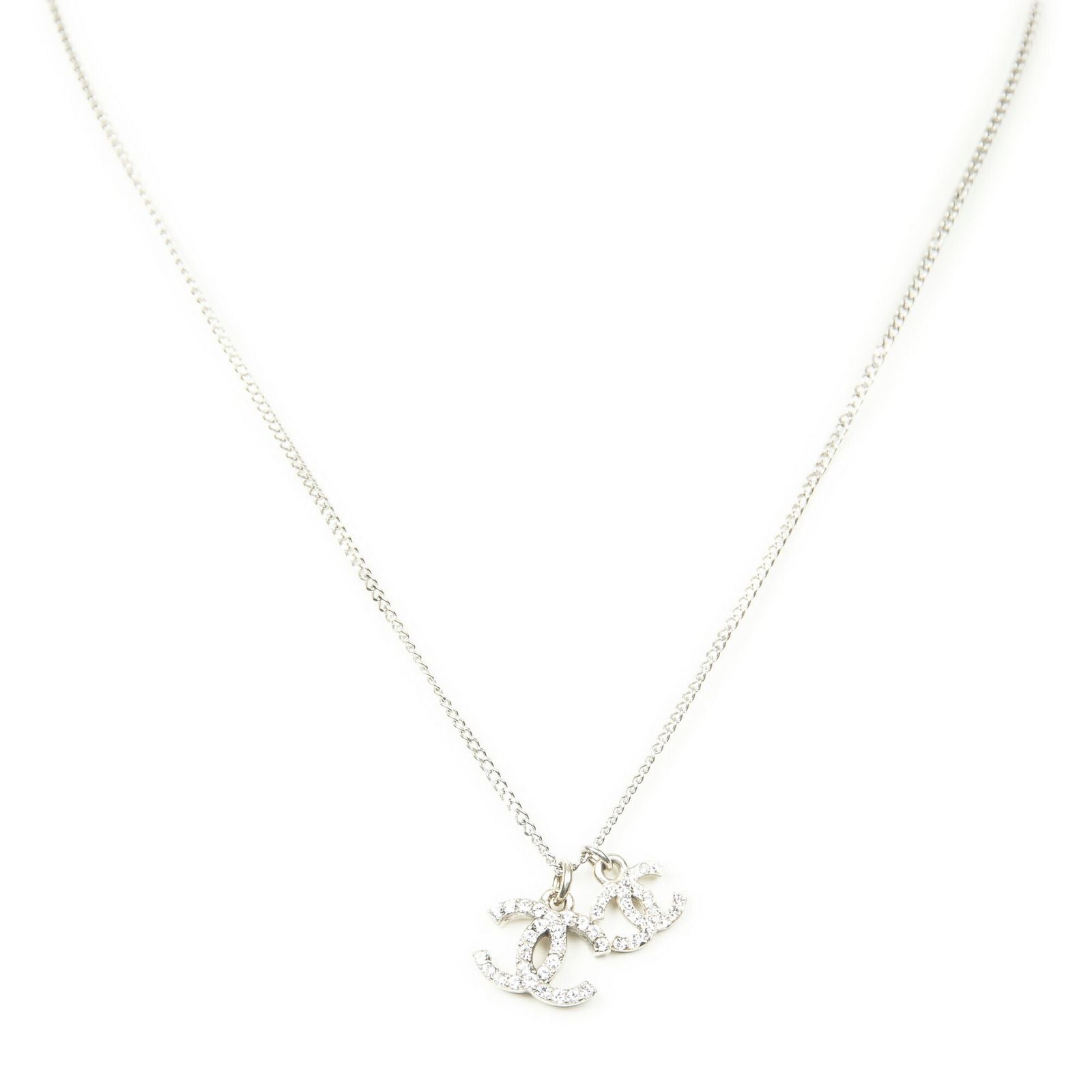 Chanel Double CC Rhinestone Pendant Silver Plated