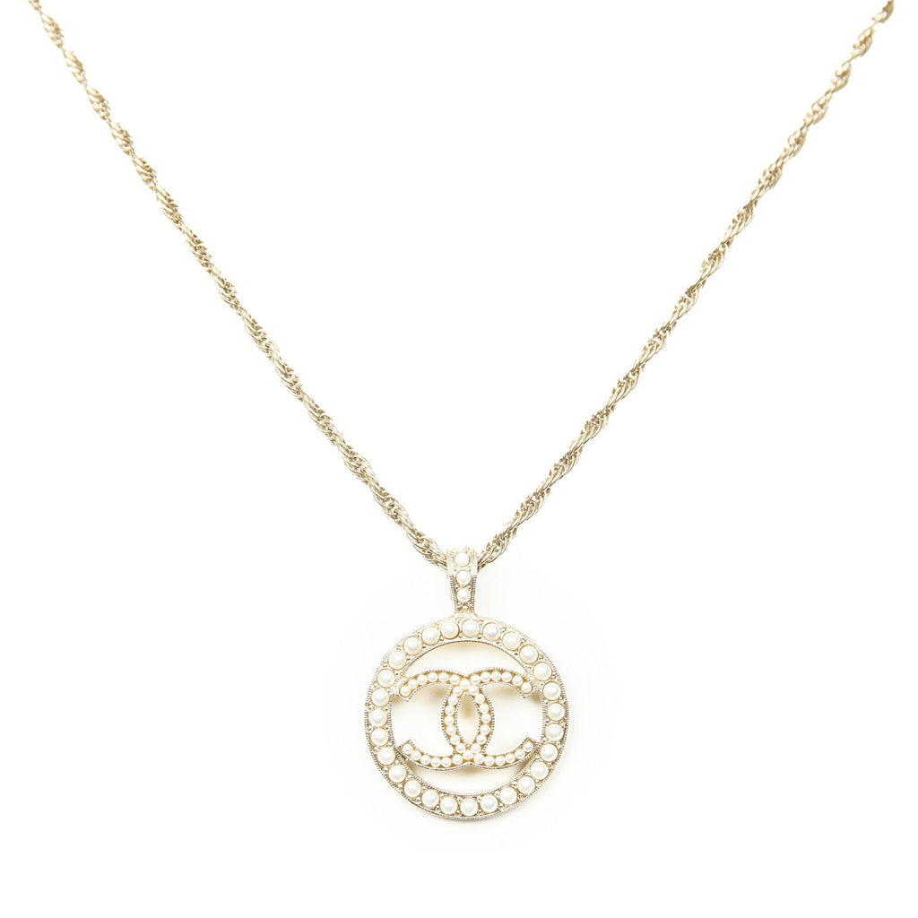Chanel CC Faux Pearl Round Pendant Gold Plated