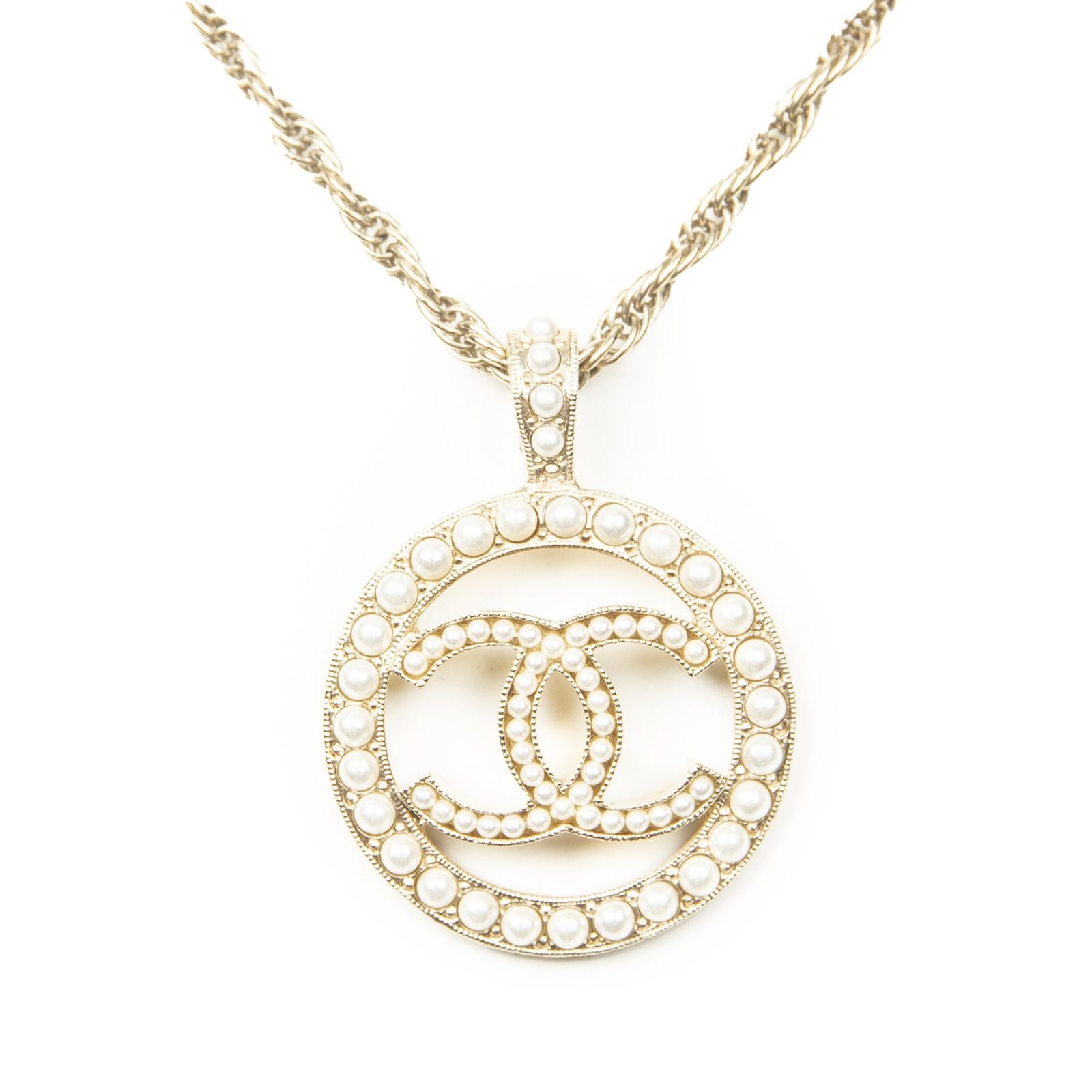 Chanel CC Faux Pearl Round Pendant Gold Plated — view 2