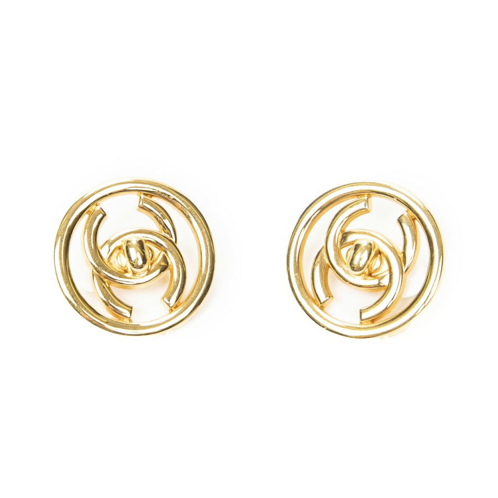 Chanel CC Logo Round Clip Type Earrings Gold Plated