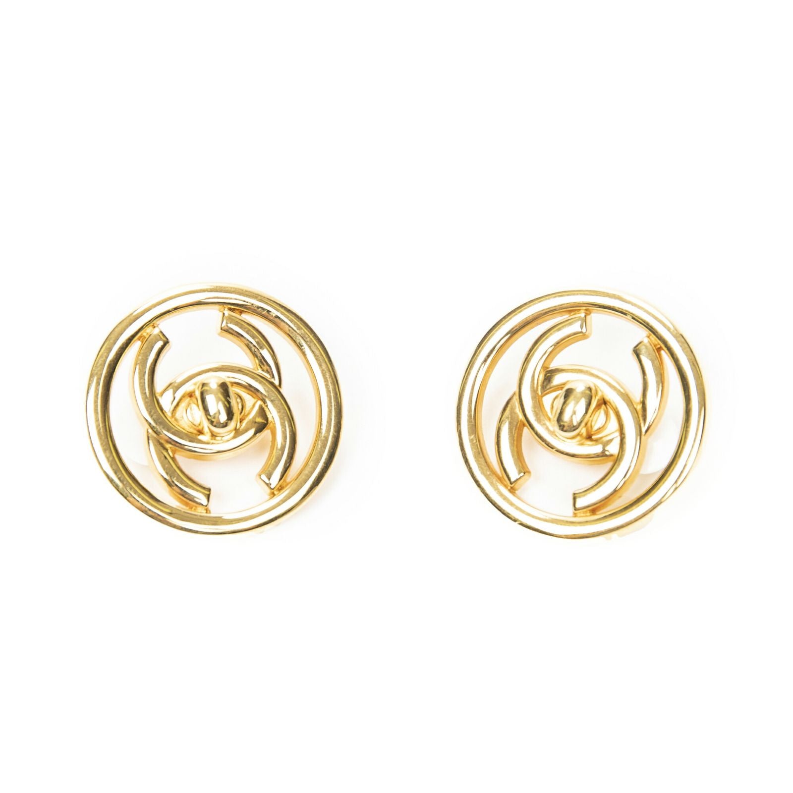 Chanel CC Logo Round Clip Type Earrings Gold Plated