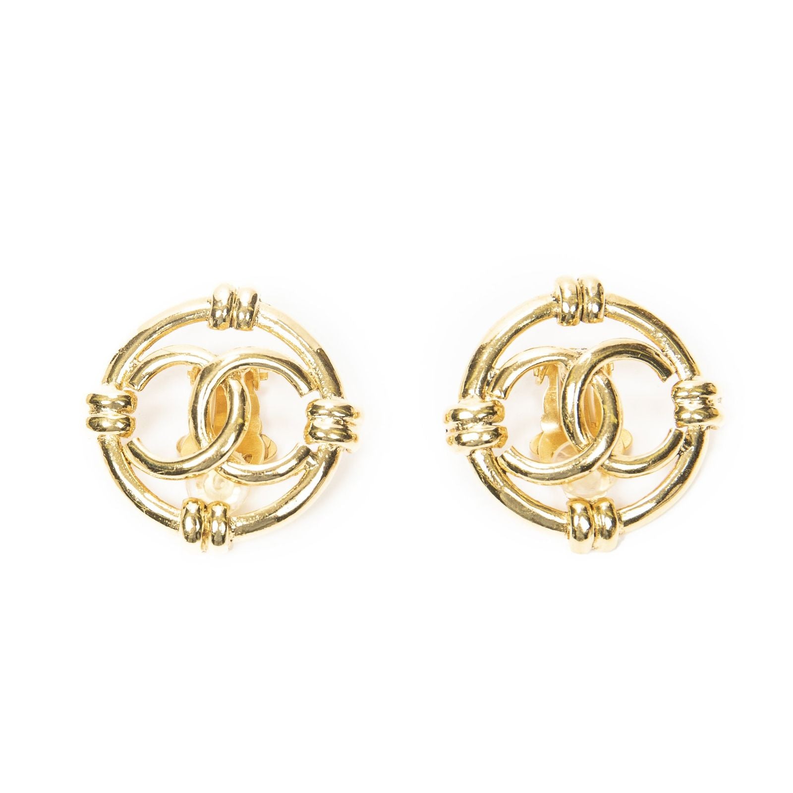 Chanel CC Logo Round Clip Type Earrings Gold Plated
