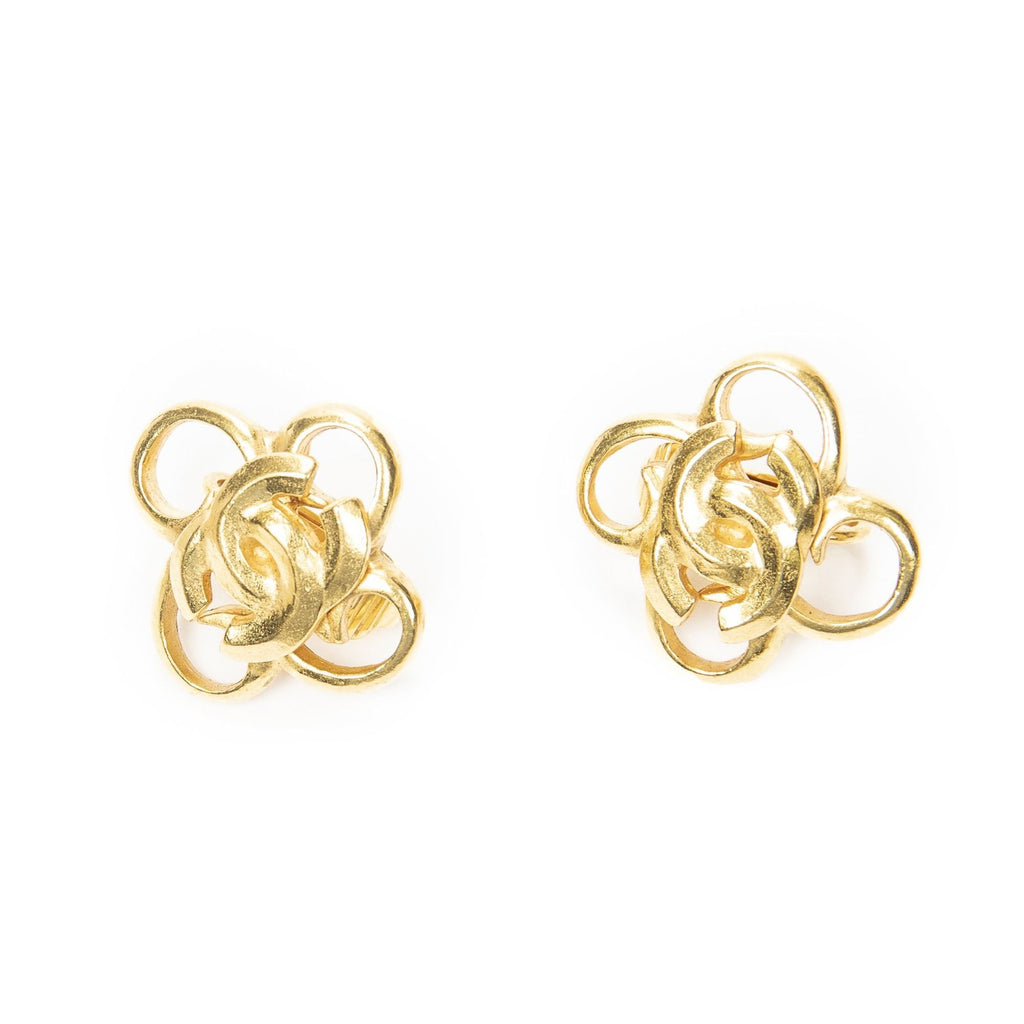 Chanel CC Clover Dangle Clip on Earrings Gold Plated