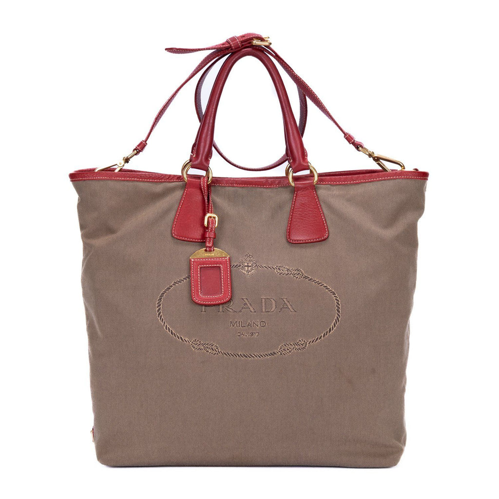 Prada Tote Khaki Color Red Jaca Dog Canvas