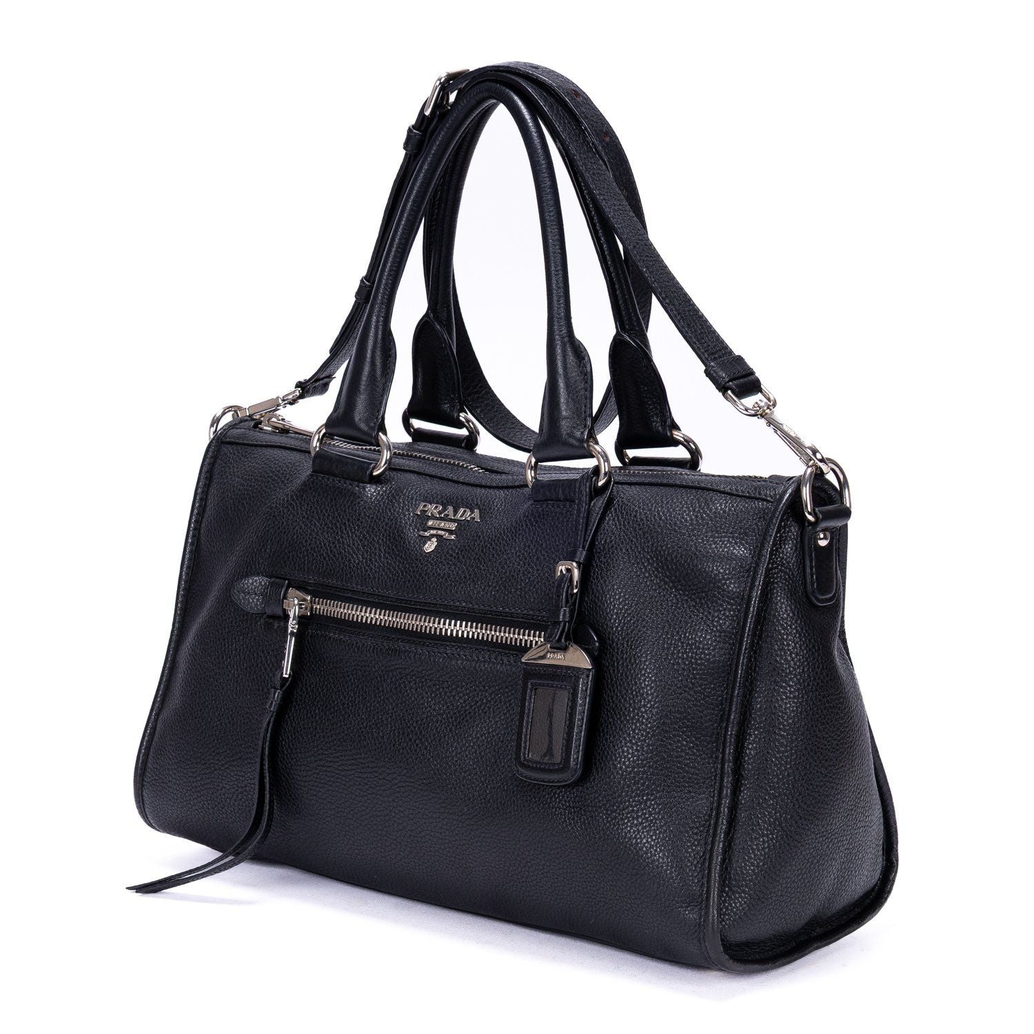 Prada Front Pocket Double Handle Tote Black Vitello Phoenix — view 2