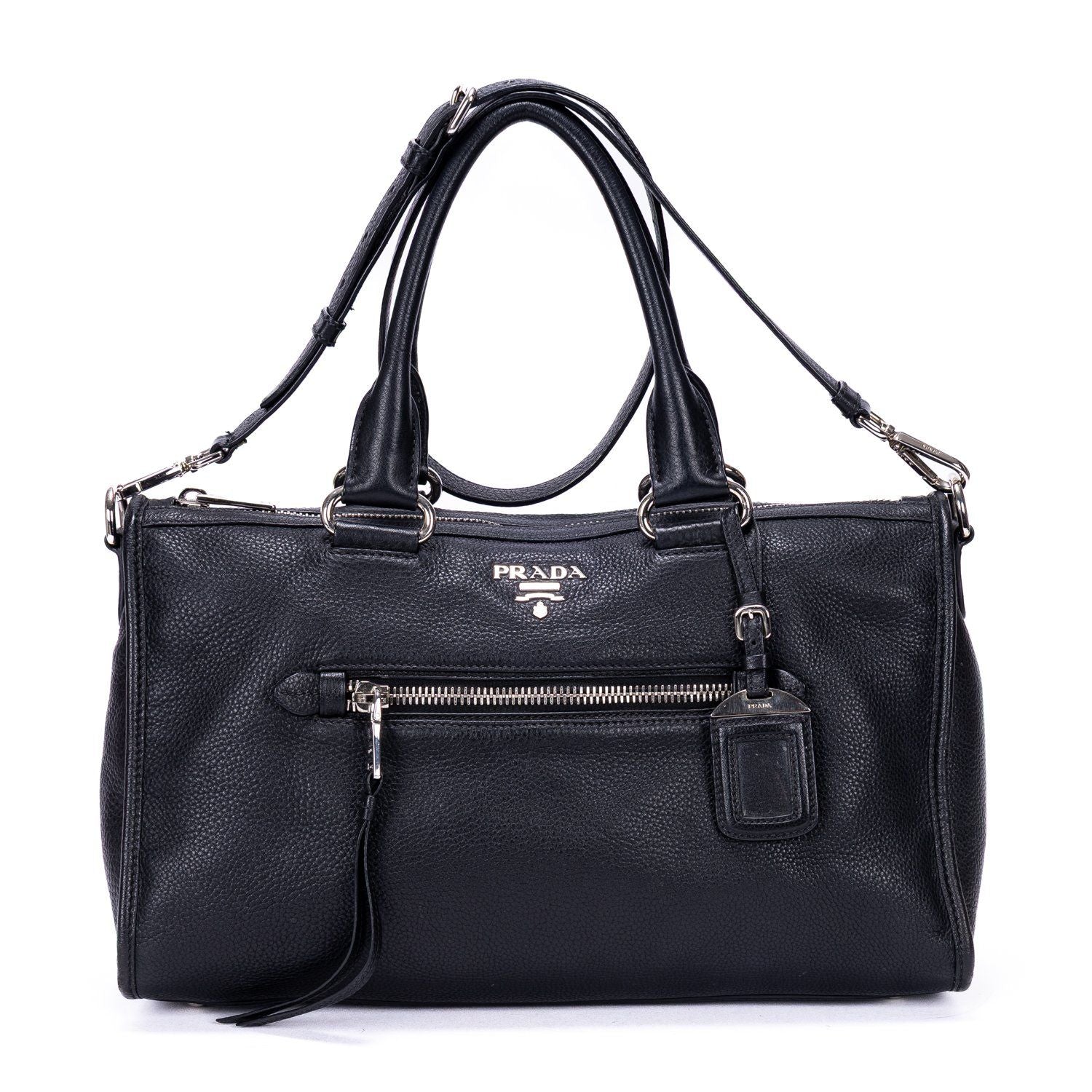 Prada Front Pocket Double Handle Tote Black Vitello Phoenix