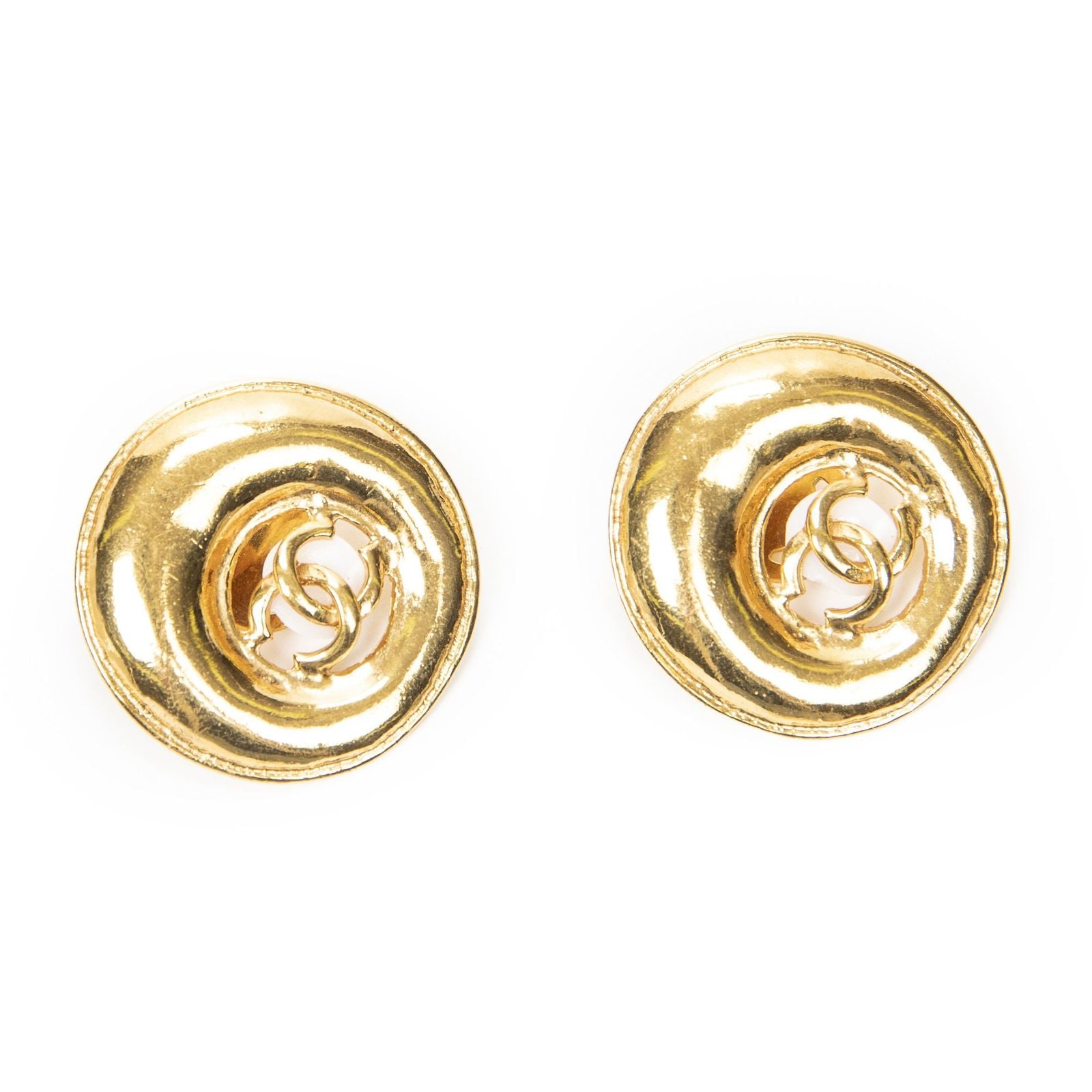 Chanel CC Logo Round Clip Type Earrings Gold Plated