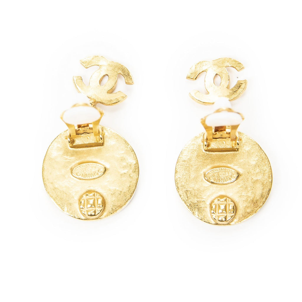 Chanel CC Mother of Pearl Dangle Clip on Earrings Gold Plated — view 3