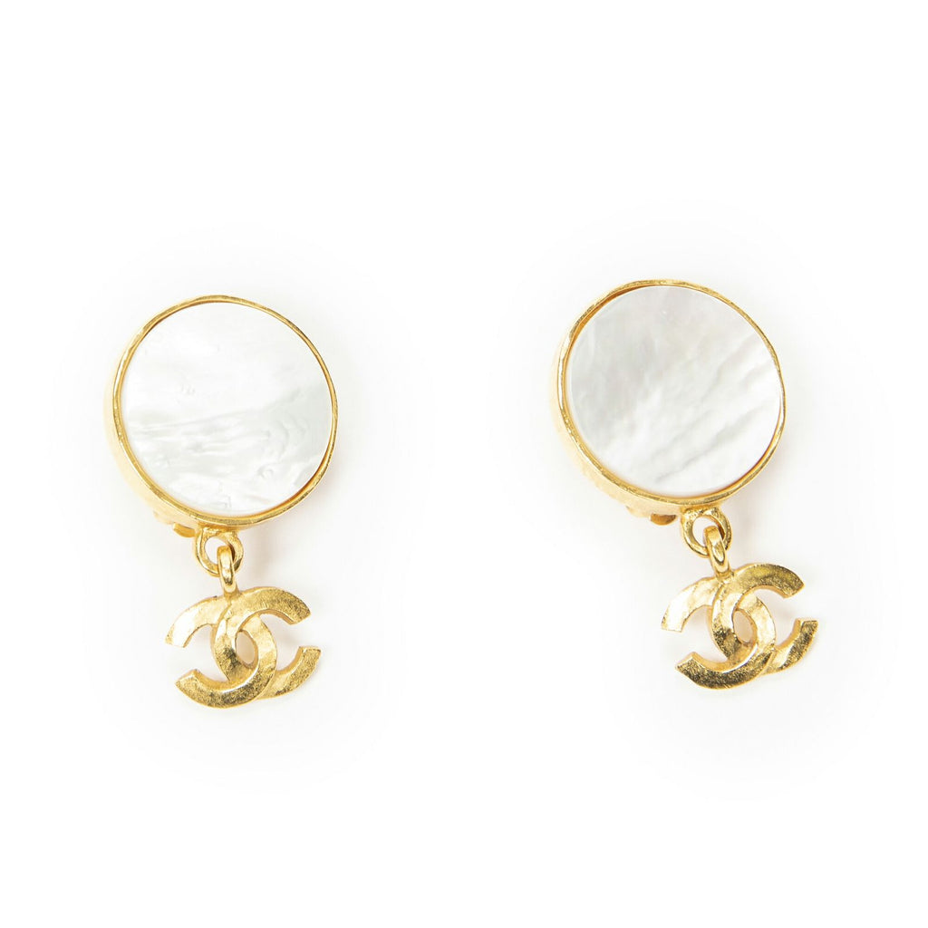 Chanel CC Mother of Pearl Dangle Clip on Earrings Gold Plated