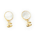 Chanel CC Mother of Pearl Dangle Clip on Earrings Gold Plated