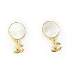 Chanel CC Mother of Pearl Dangle Clip on Earrings Gold Plated