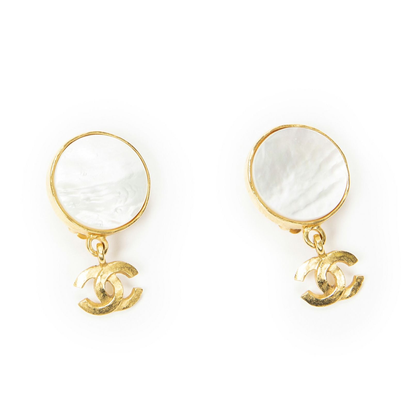 Chanel CC Mother of Pearl Dangle Clip on Earrings Gold Plated