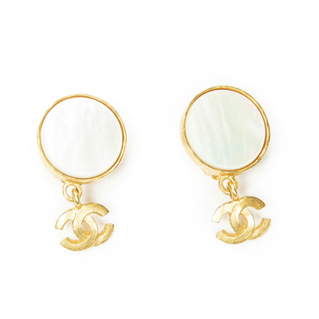 Chanel CC Mother of Pearl Dangle Clip on Earrings Gold Plated