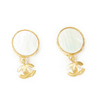 Chanel CC Mother of Pearl Dangle Clip on Earrings Gold Plated