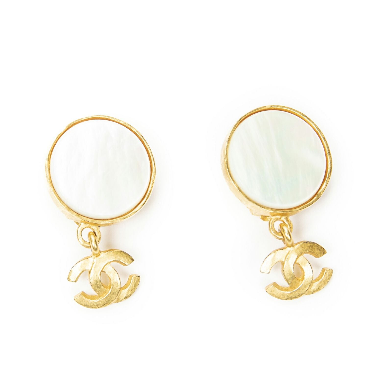 Chanel CC Mother of Pearl Dangle Clip on Earrings Gold Plated