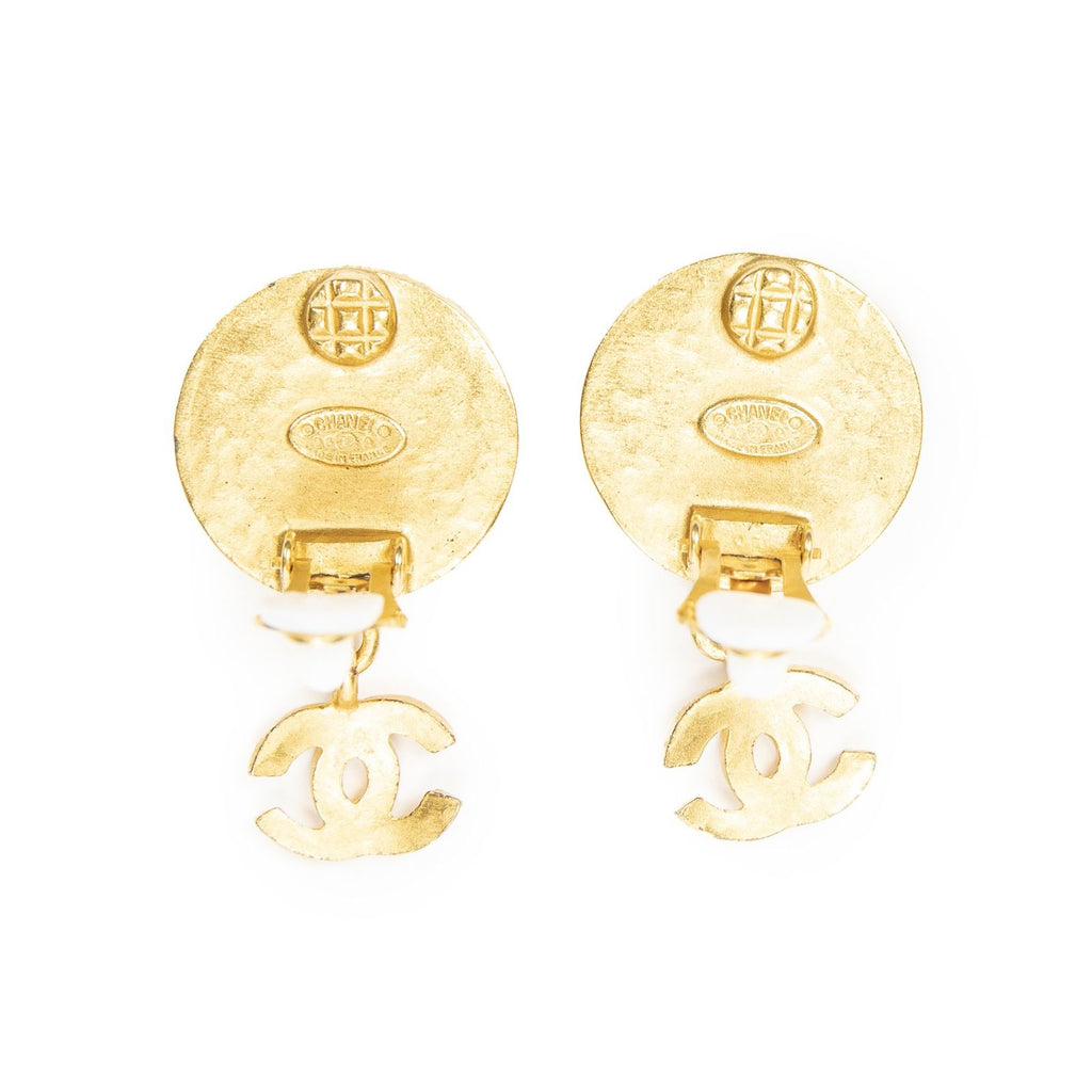 Chanel CC Mother of Pearl Dangle Clip on Earrings Gold Plated — view 3