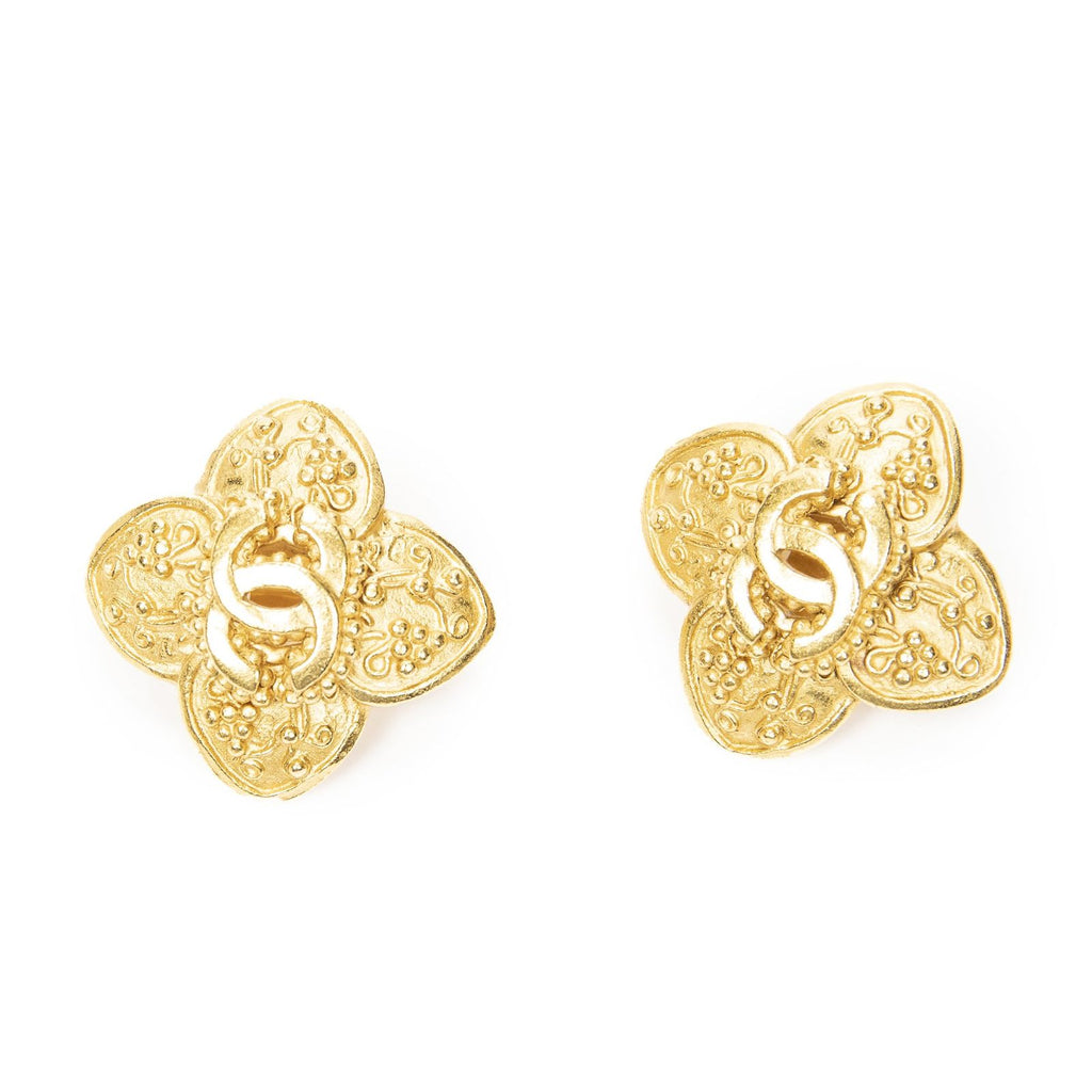 Chanel CC Clover Dangle Clip on Earrings Gold Plated