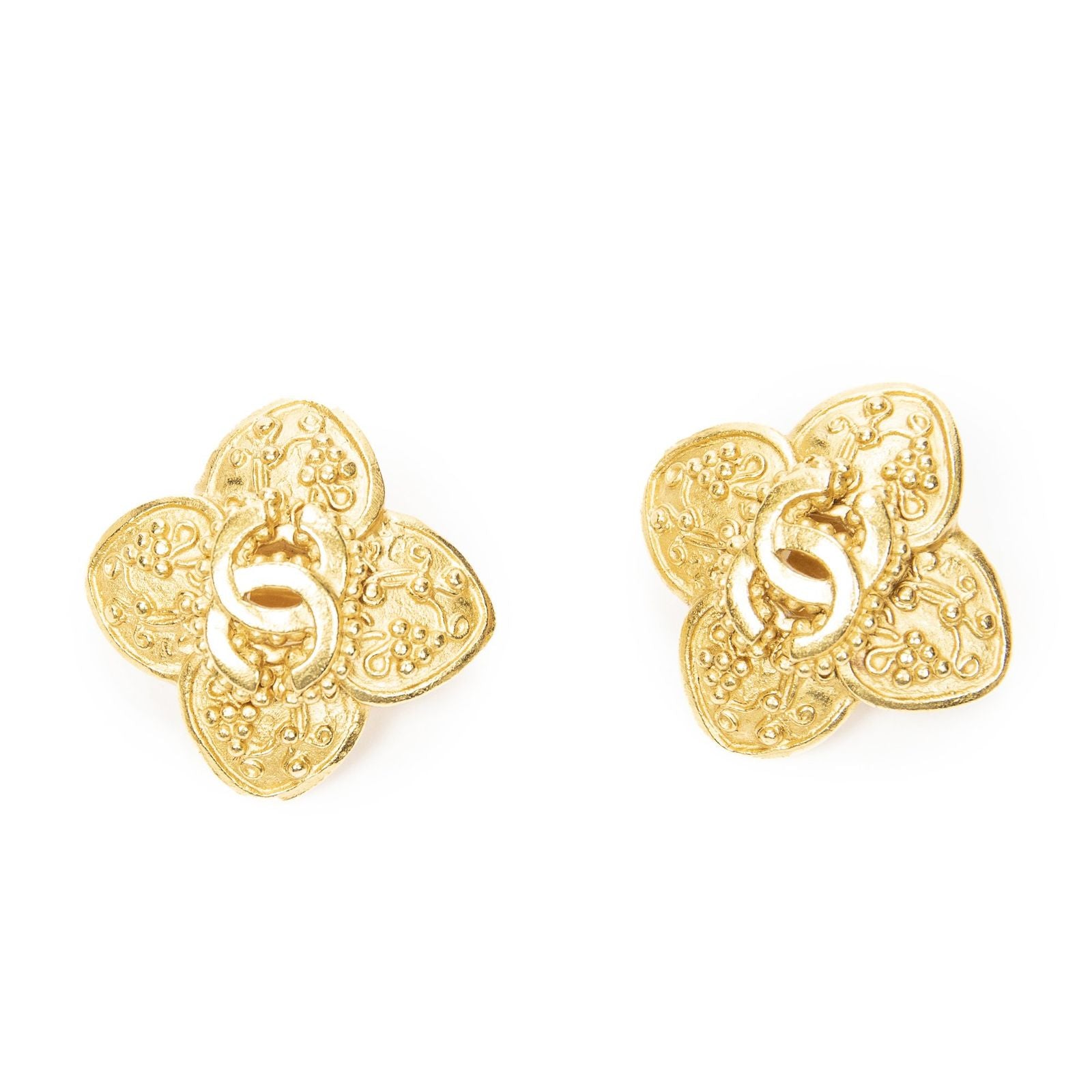 Chanel CC Clover Dangle Clip on Earrings Gold Plated