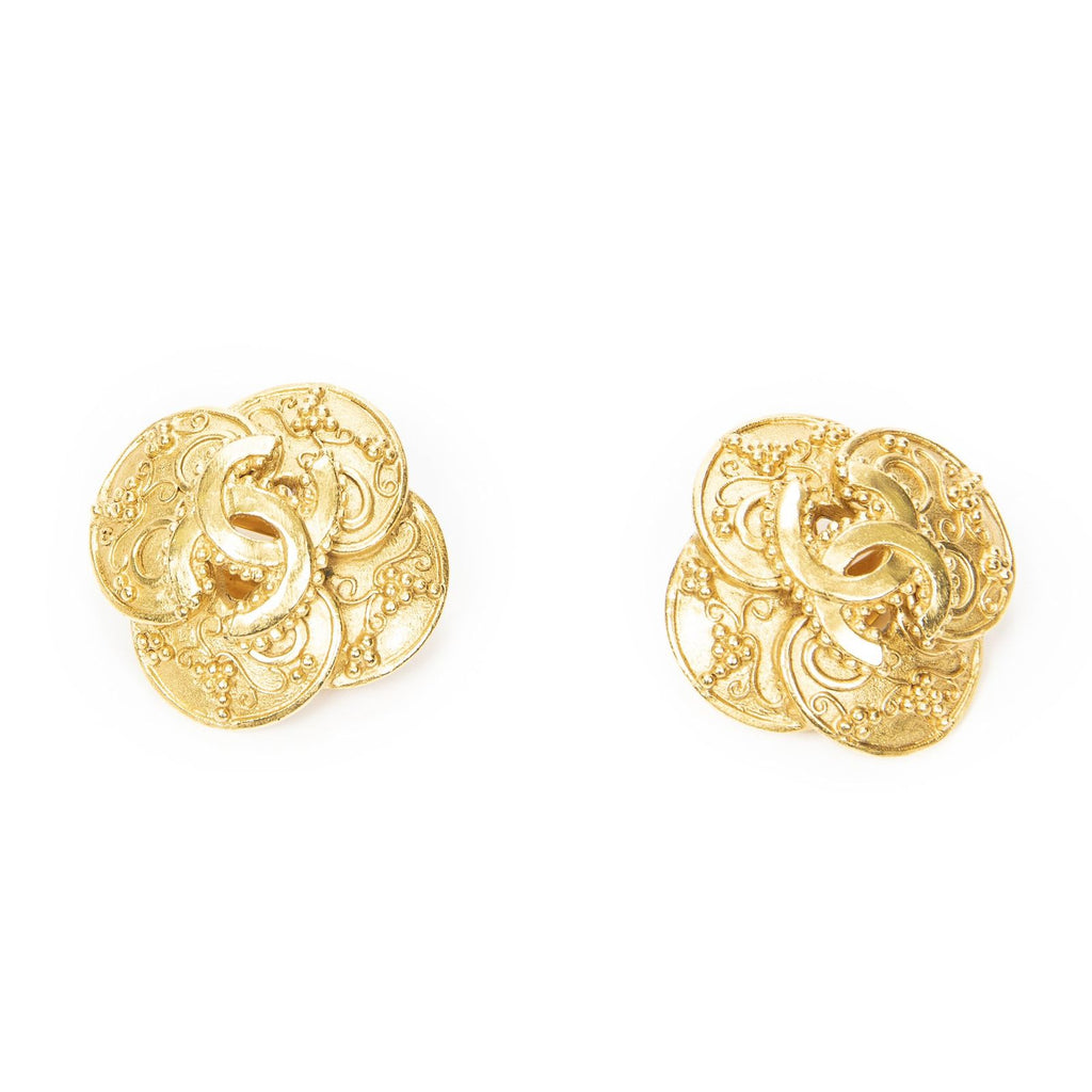 Chanel CC Clover Dangle Clip on Earrings Gold Plated