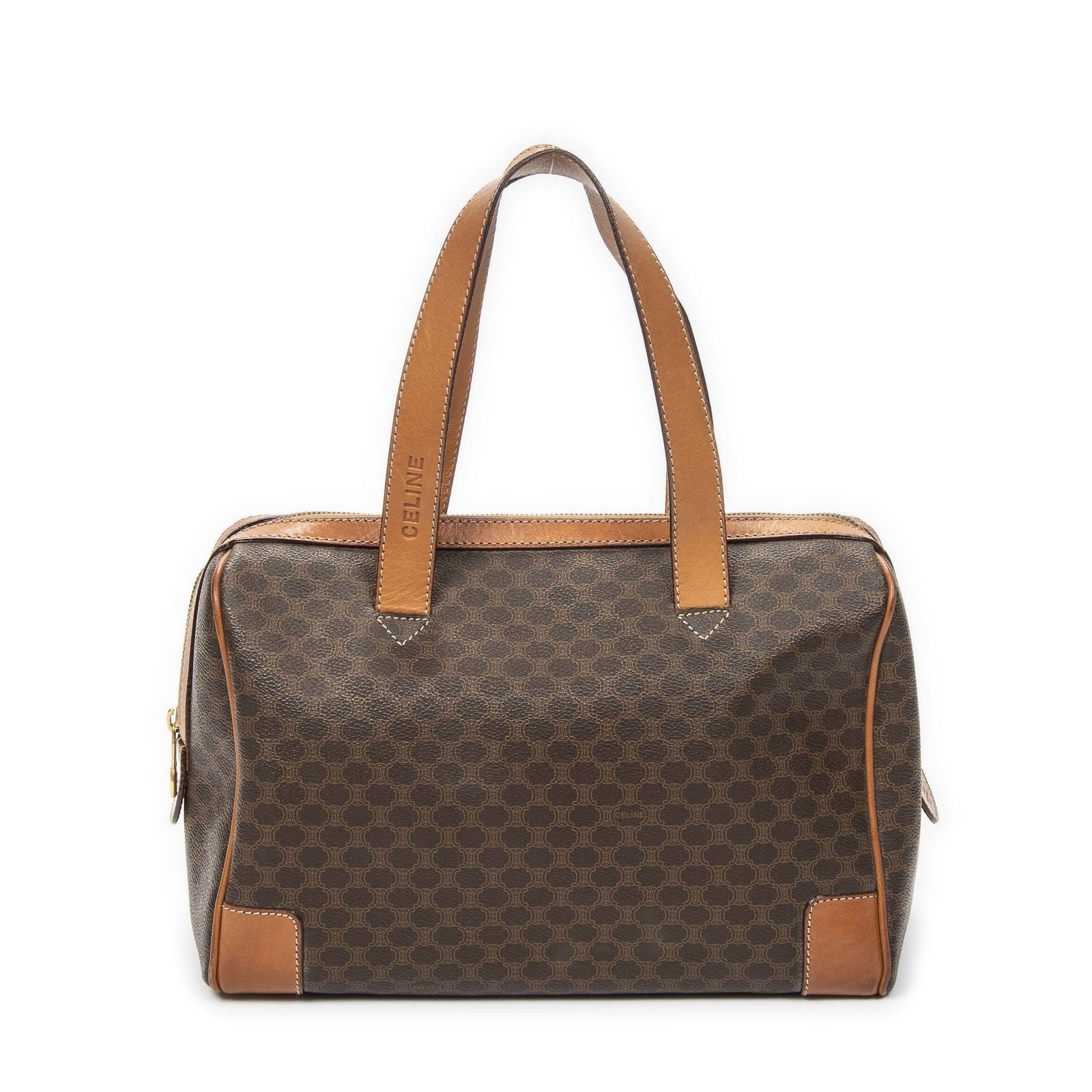 Celine Vintage Small Boston Brown Tan Macadam Canvas Shoulder — view 5