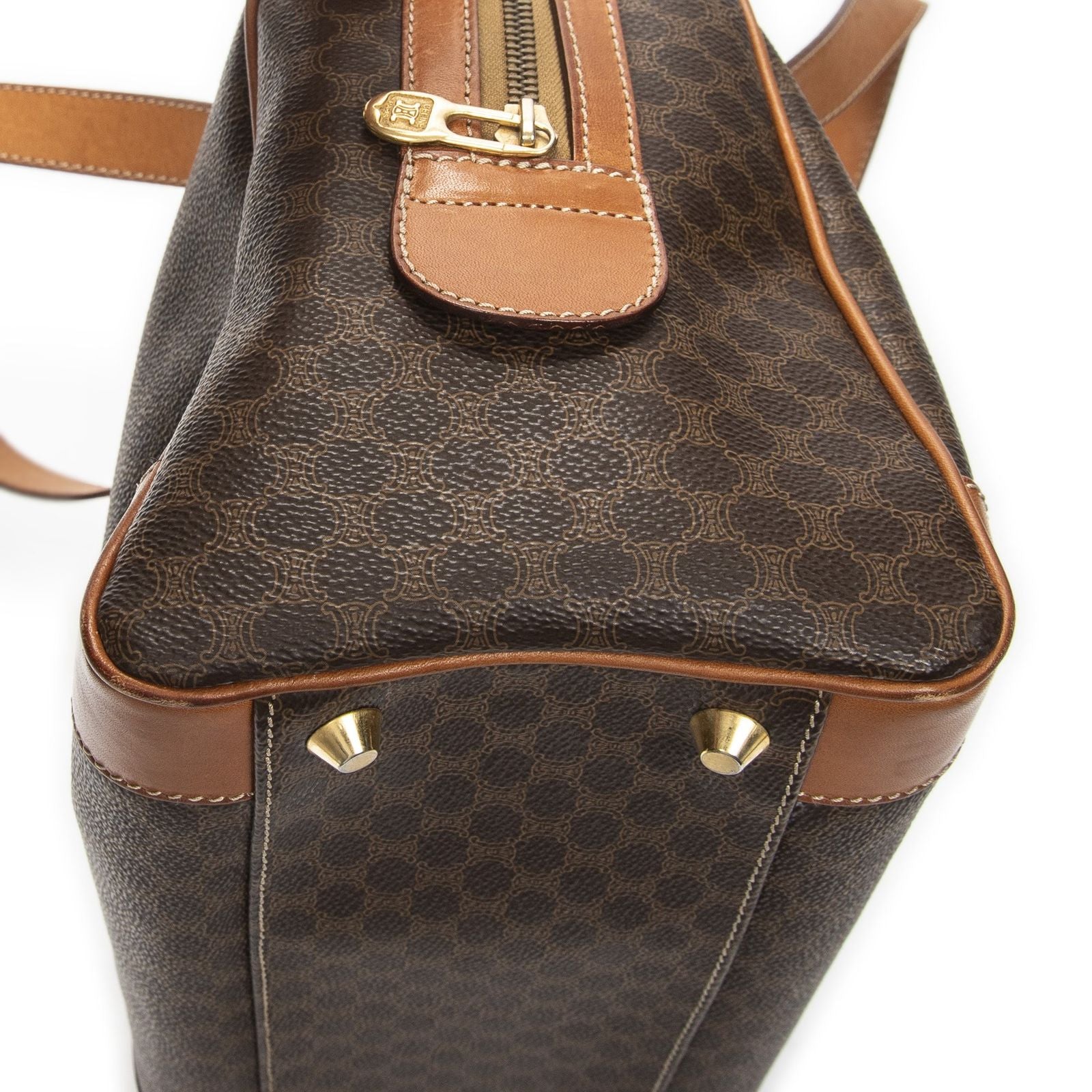 Celine Vintage Small Boston Brown Tan Macadam Canvas Shoulder — view 7