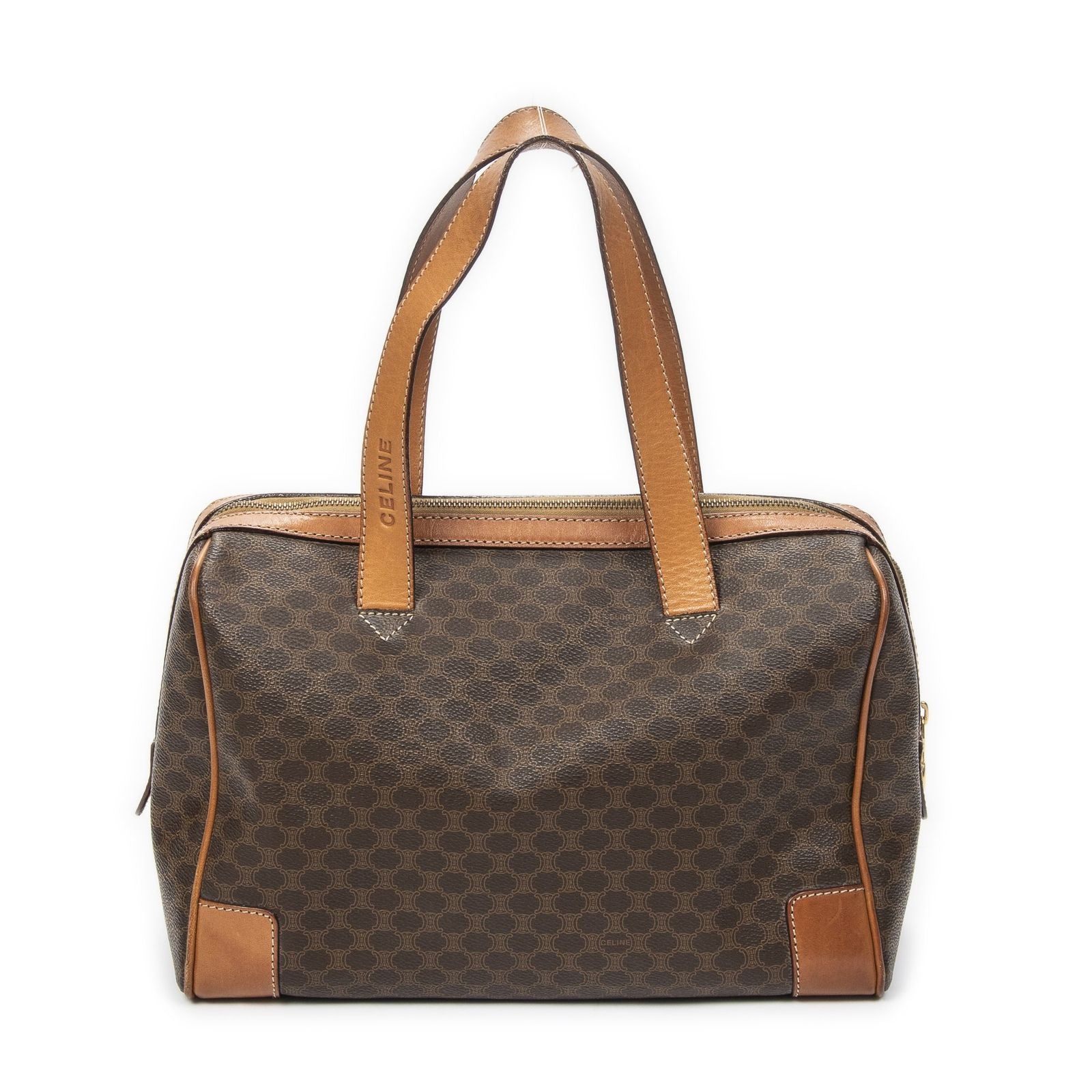 Celine Vintage Small Boston Brown Tan Macadam Canvas Shoulder