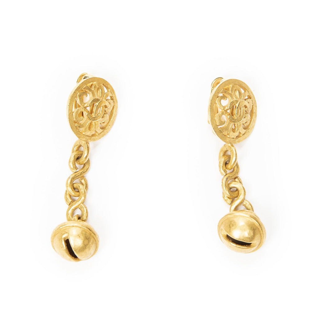Chanel CC Bell Dangle Clip on Earrings Gold Plated
