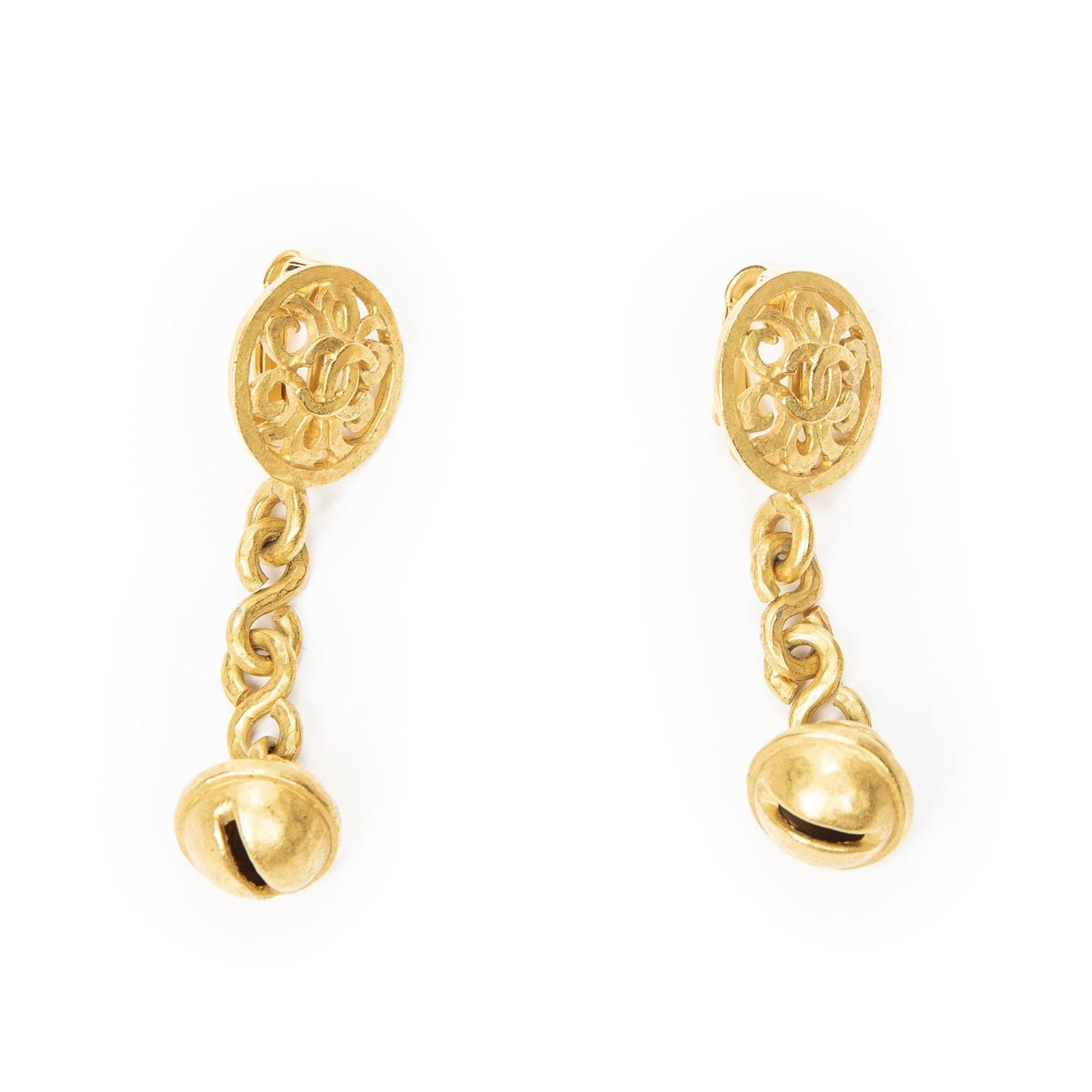 Chanel CC Bell Dangle Clip on Earrings Gold Plated