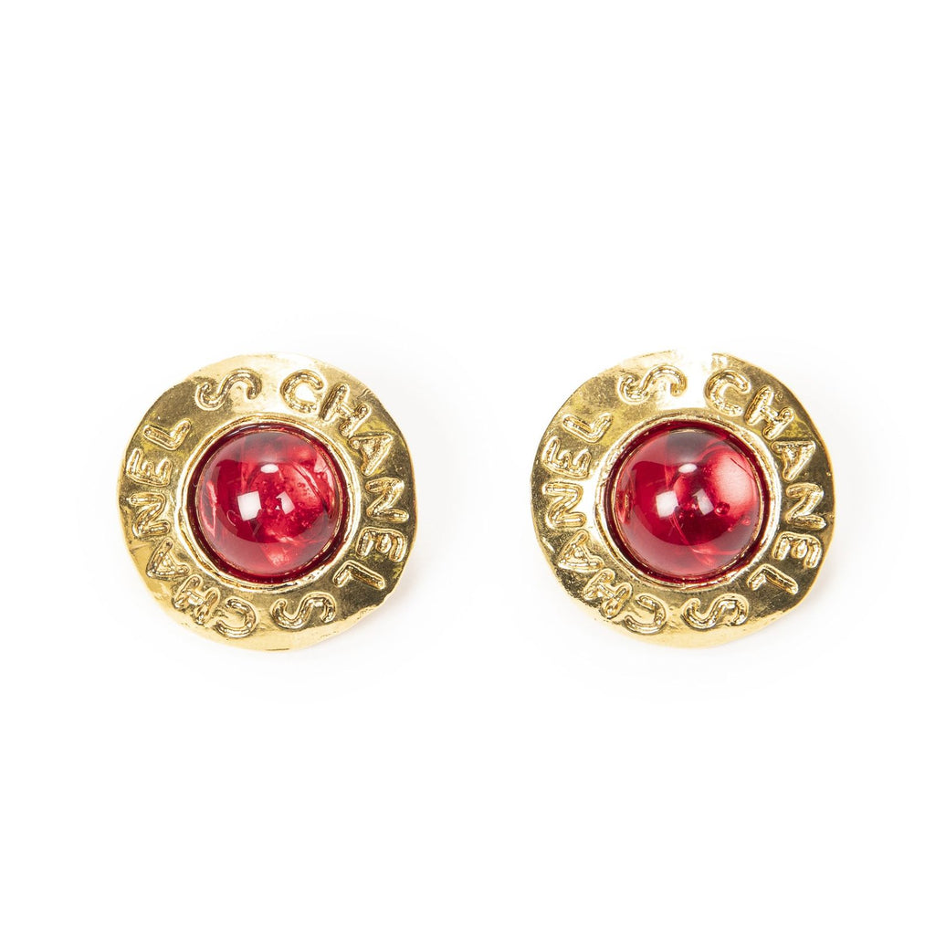 Chanel CC Logo Clip Type Earrings Red Gold Plated