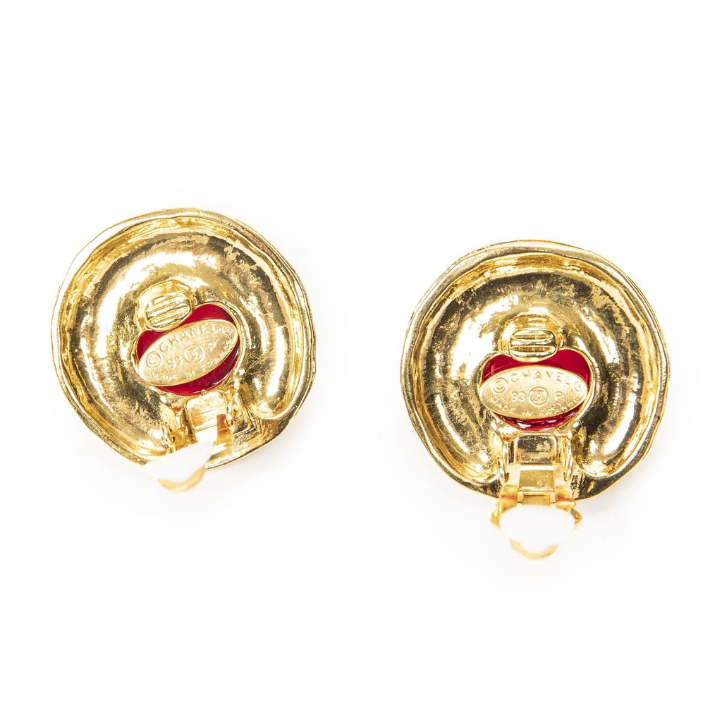 Chanel CC Logo Clip Type Earrings Red Gold Plated — view 3