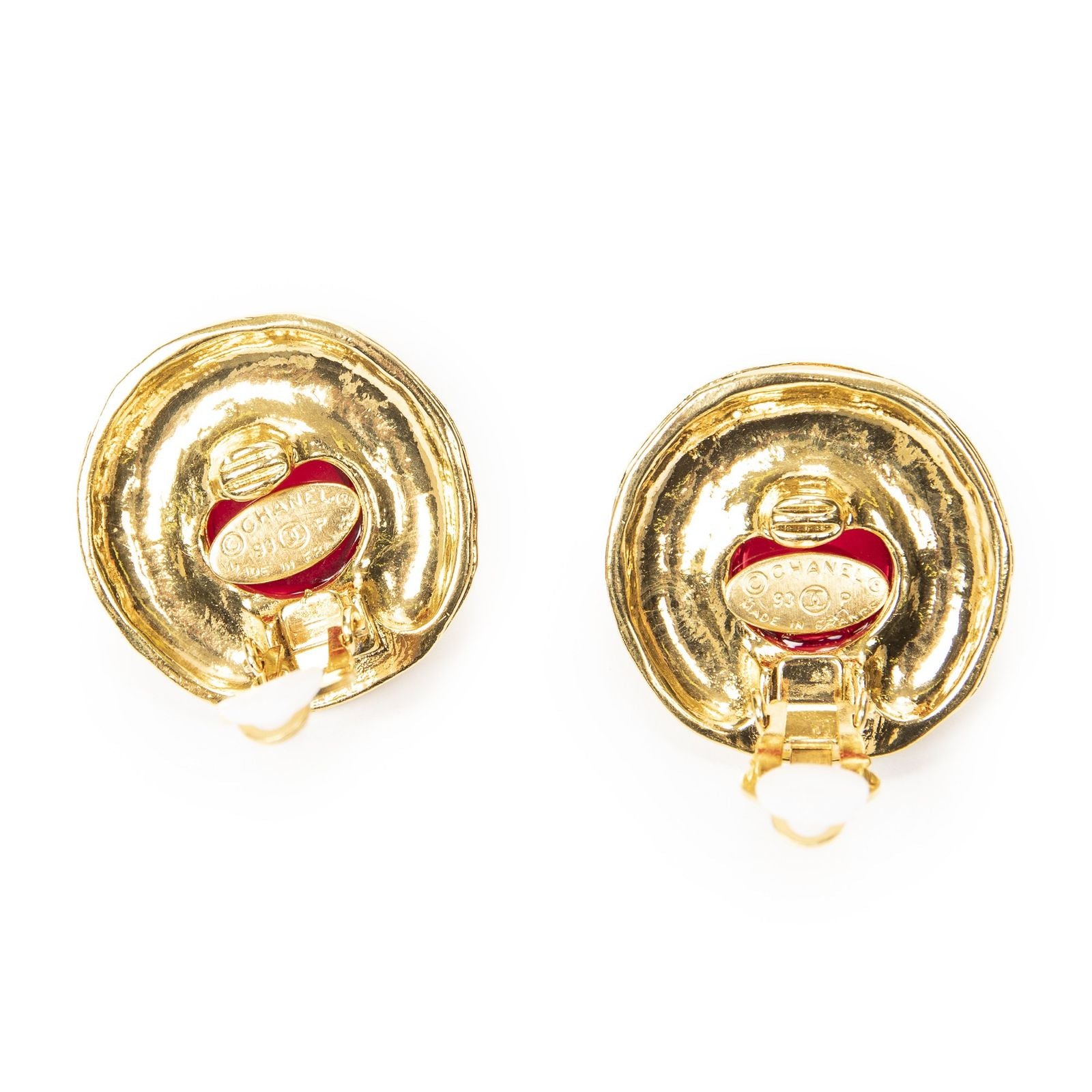 Chanel CC Logo Clip Type Earrings Red Gold Plated — view 3