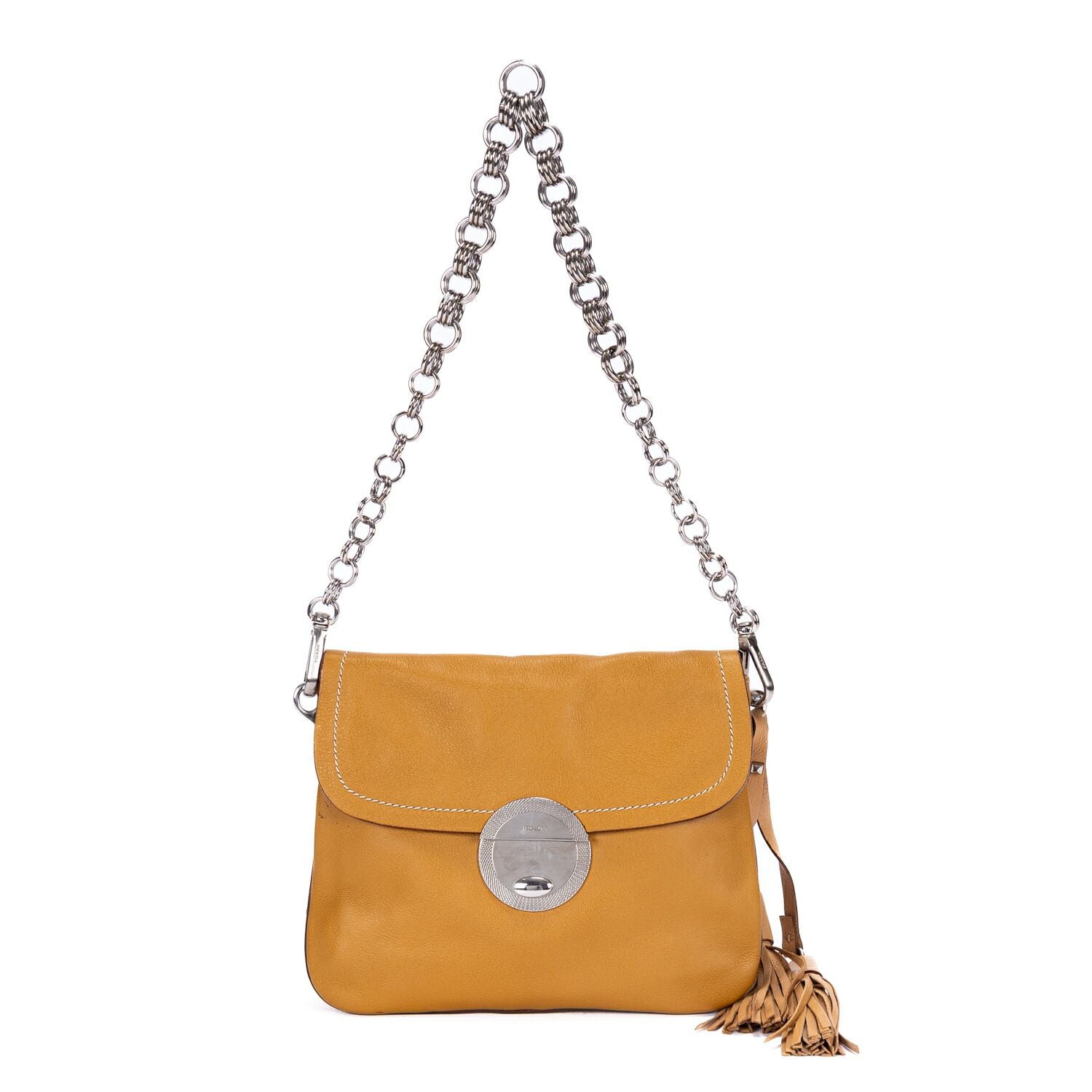 Prada CC Logo Fringe Chain Shoulder Beige Vitello Daino Messenger