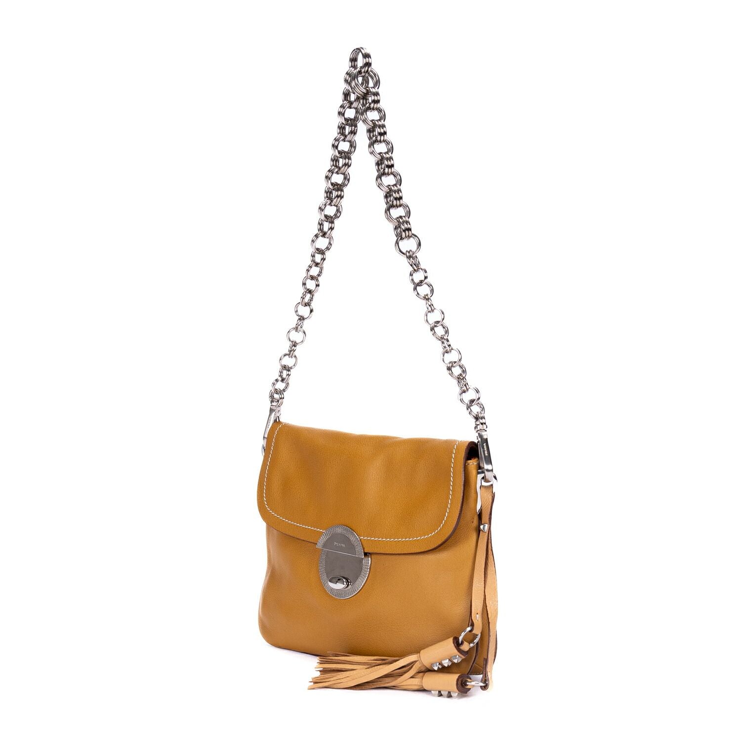 Prada CC Logo Fringe Chain Shoulder Beige Vitello Daino Messenger — view 2