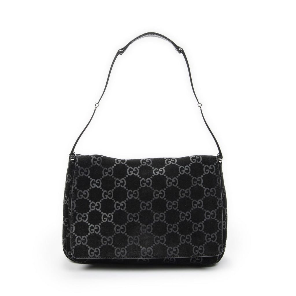 Gucci Vintage Flap Top Handle Black GG Suede Leather