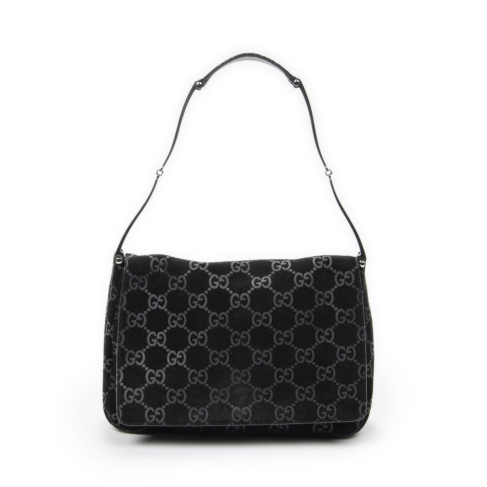 Gucci Vintage Flap Top Handle Black GG Suede Leather