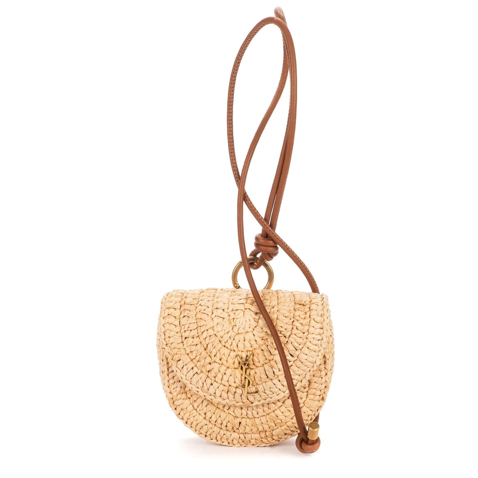 Saint Laurent Raffia Mini Round Crossbody Beige Brown Spiral Embellishment