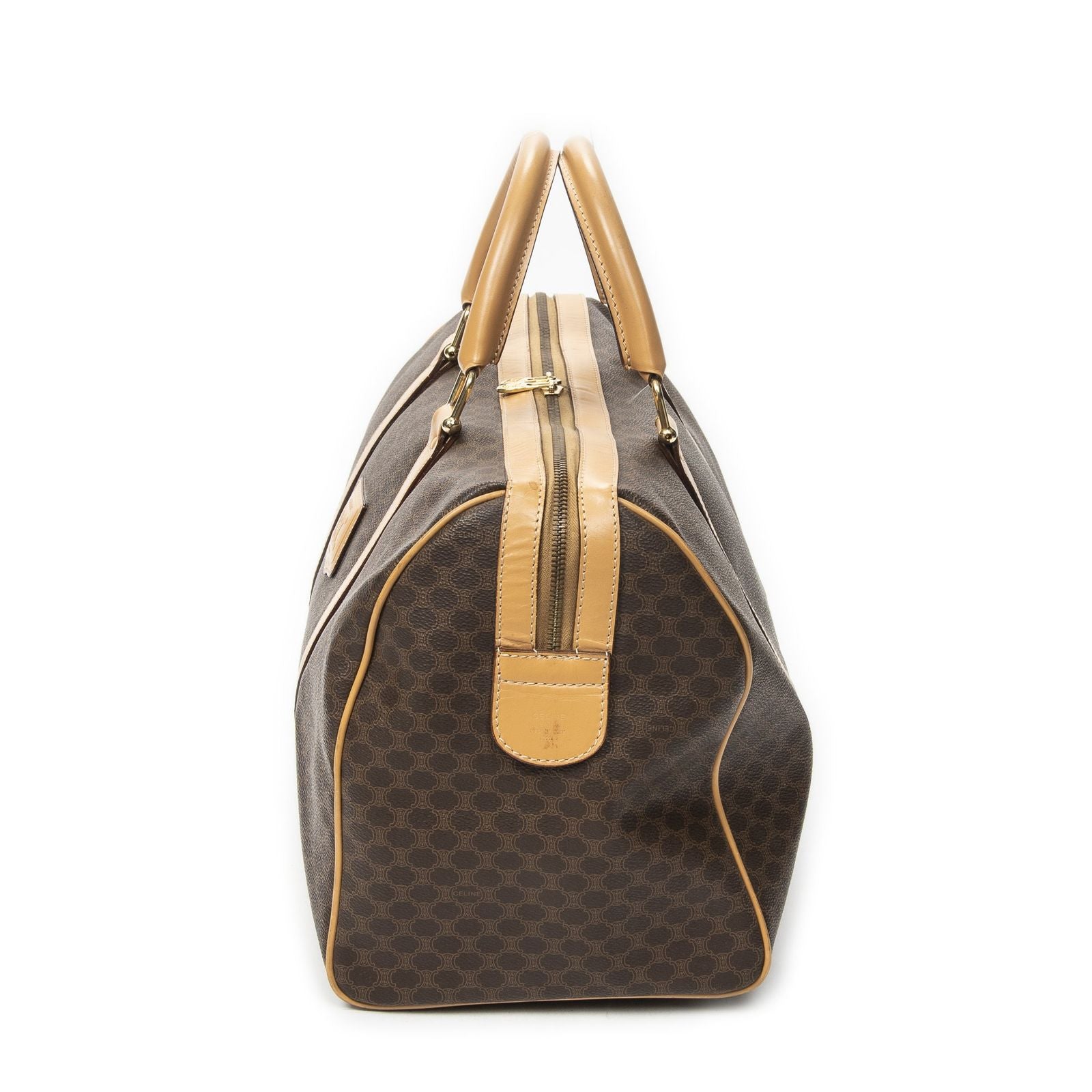 Celine Vintage Travel Boston Beige Brown Macadam Canvas Shoulder — view 3